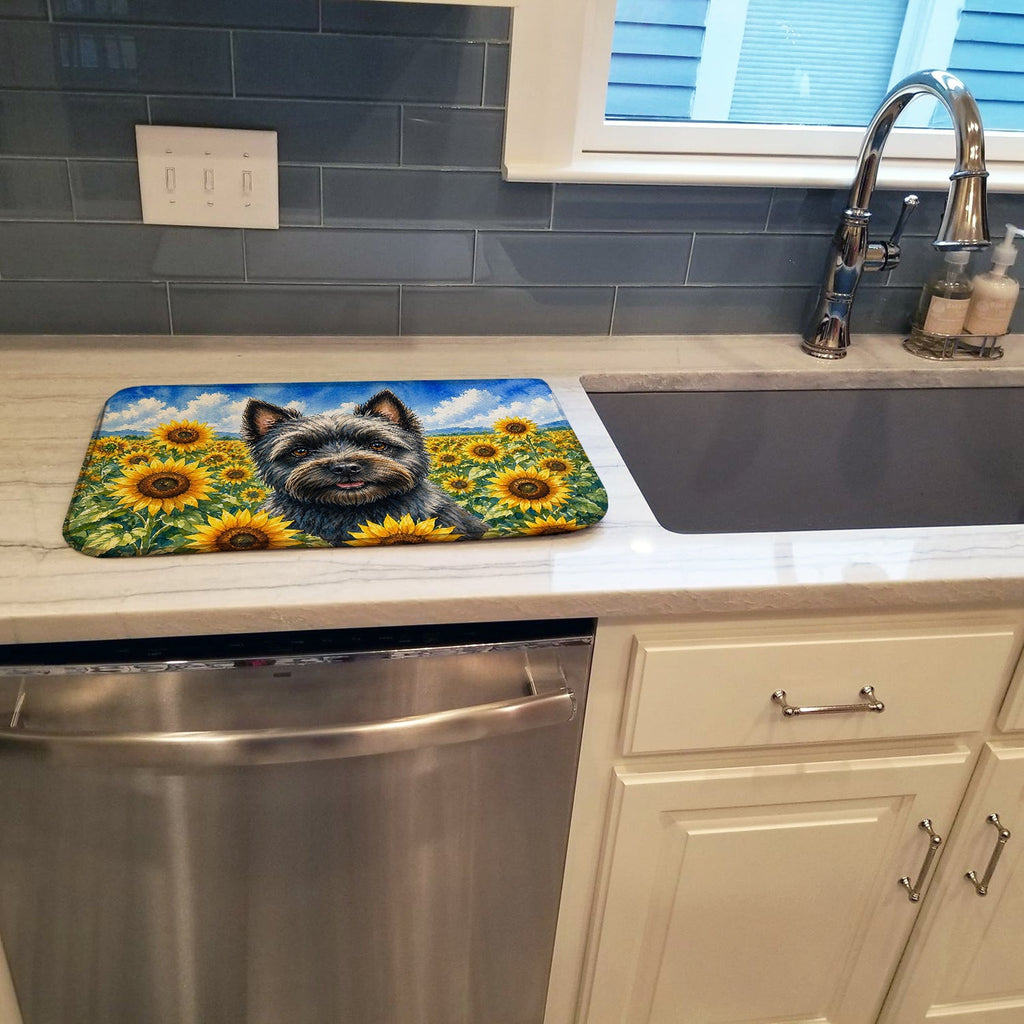 Cairn Terrier in Sunflowers Dish Drying Mat Absorbent Dish Drying Mat Pad for Kitchen Counter Dish Drainer Mat for Countertop, 14 x 21", Multicolor