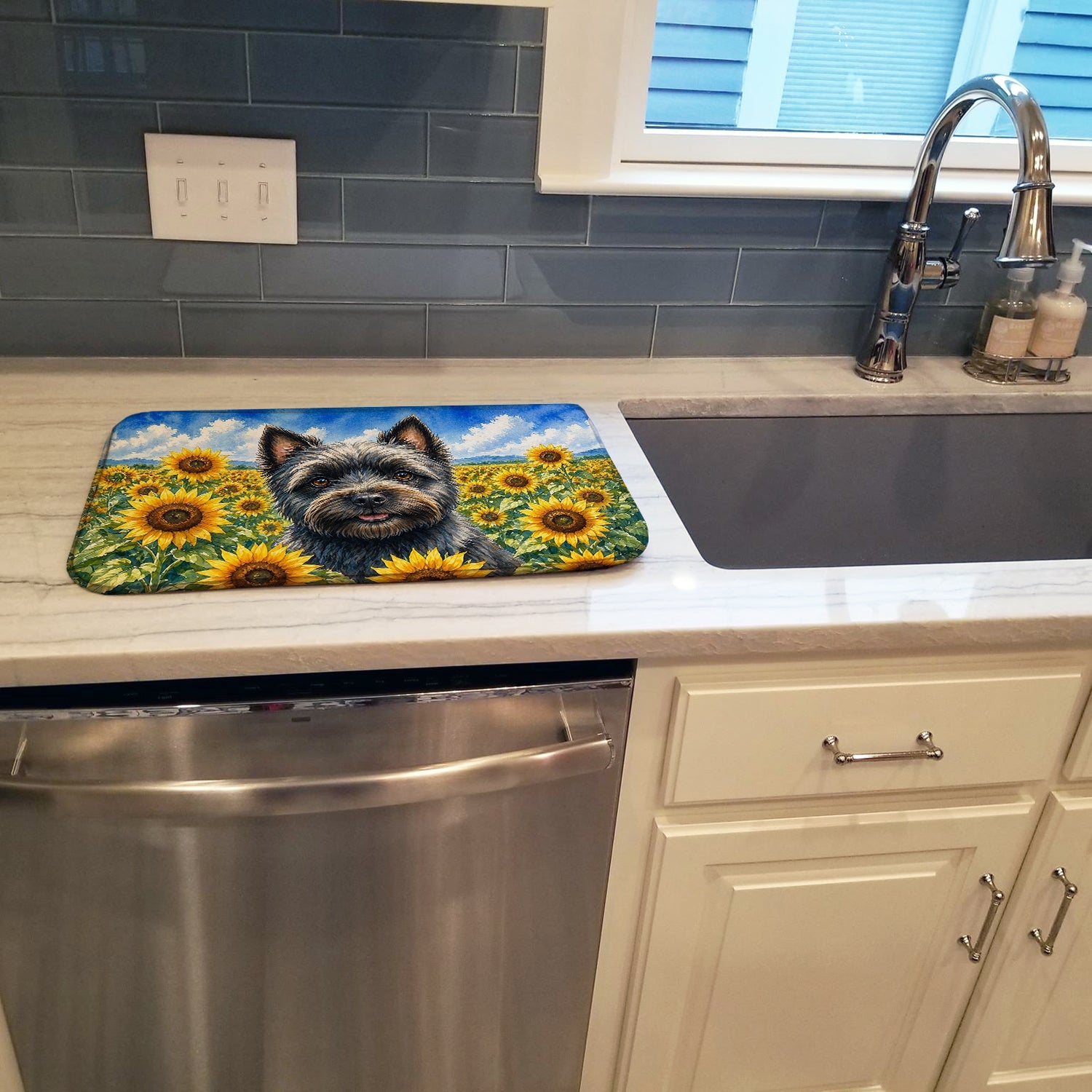 Cairn Terrier in Sunflowers Dish Drying Mat Absorbent Dish Drying Mat Pad for Kitchen Counter Dish Drainer Mat for Countertop, 14 x 21", Multicolor