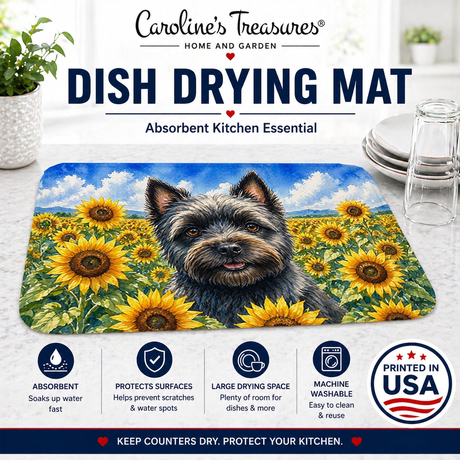 Cairn Terrier in Sunflowers Dish Drying Mat Absorbent Dish Drying Mat Pad for Kitchen Counter Dish Drainer Mat for Countertop, 14 x 21", Multicolor