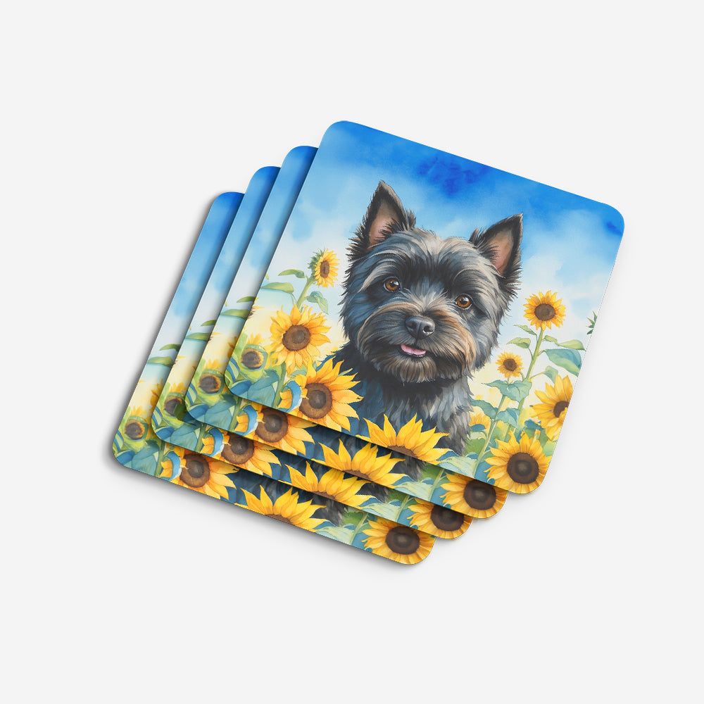 Cairn Terrier in Sunflowers Foam Coasters Set of 4 Cup Coasters for Indoor Outdoor, Tabletop Protection, Anti Slip, Mouse pad Material