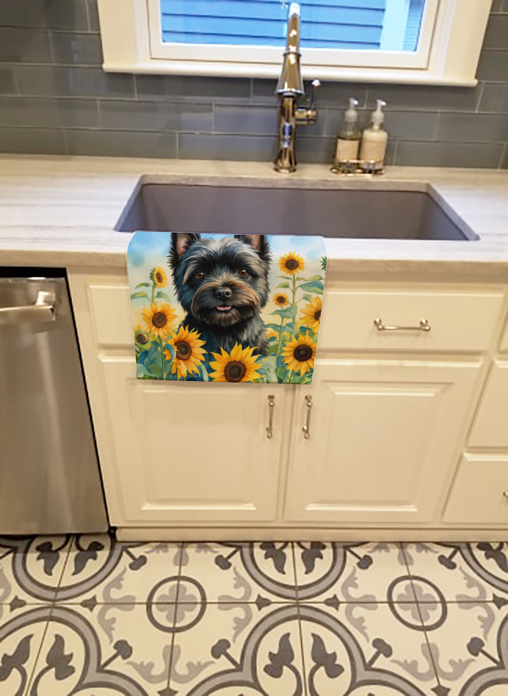 Cairn Terrier in Sunflowers Kitchen Towel Velour Plush Front and Cotton Loop Back Machine Washable