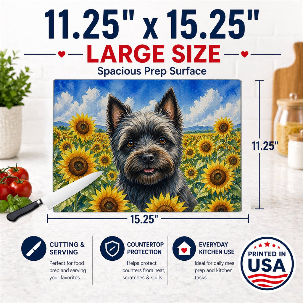 Cairn Terrier in Sunflowers Cutting Board Tempered Glass Kitchen Cutting Surface, Heat Resistant Chopping Board with Non-Slip Feet, Decorative Food Prep & Serving