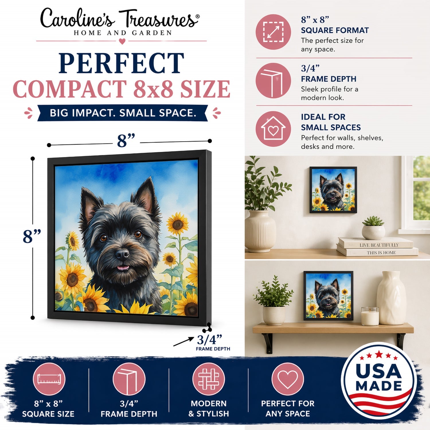 Cairn Terrier in Sunflowers Framed Metal Print Bathroom, Kitchen, Office, Home Decor Wall Art Ready to Hang, Square, 8X8