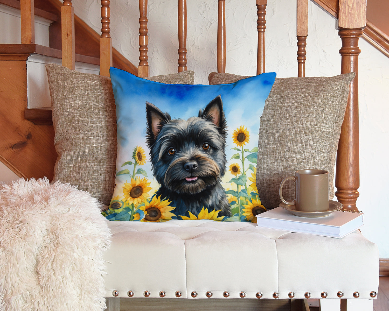 Cairn Terrier in Sunflowers Decorative Throw Pillow 14x14 Indoor Outdoor Accent Cushion, Fabric Cover with Insert for Sofa, Bed, Porch & Living Room