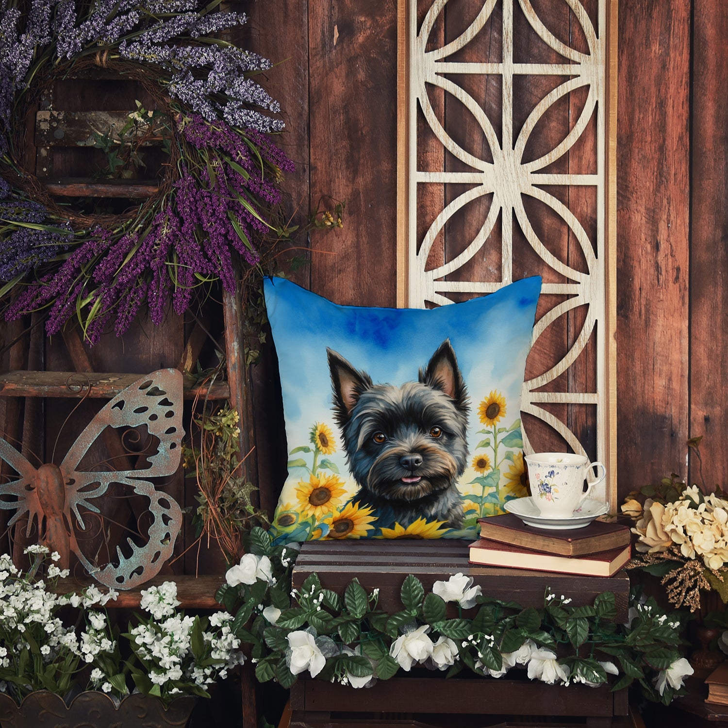 Cairn Terrier in Sunflowers Decorative Throw Pillow 14x14 Indoor Outdoor Accent Cushion, Fabric Cover with Insert for Sofa, Bed, Porch & Living Room