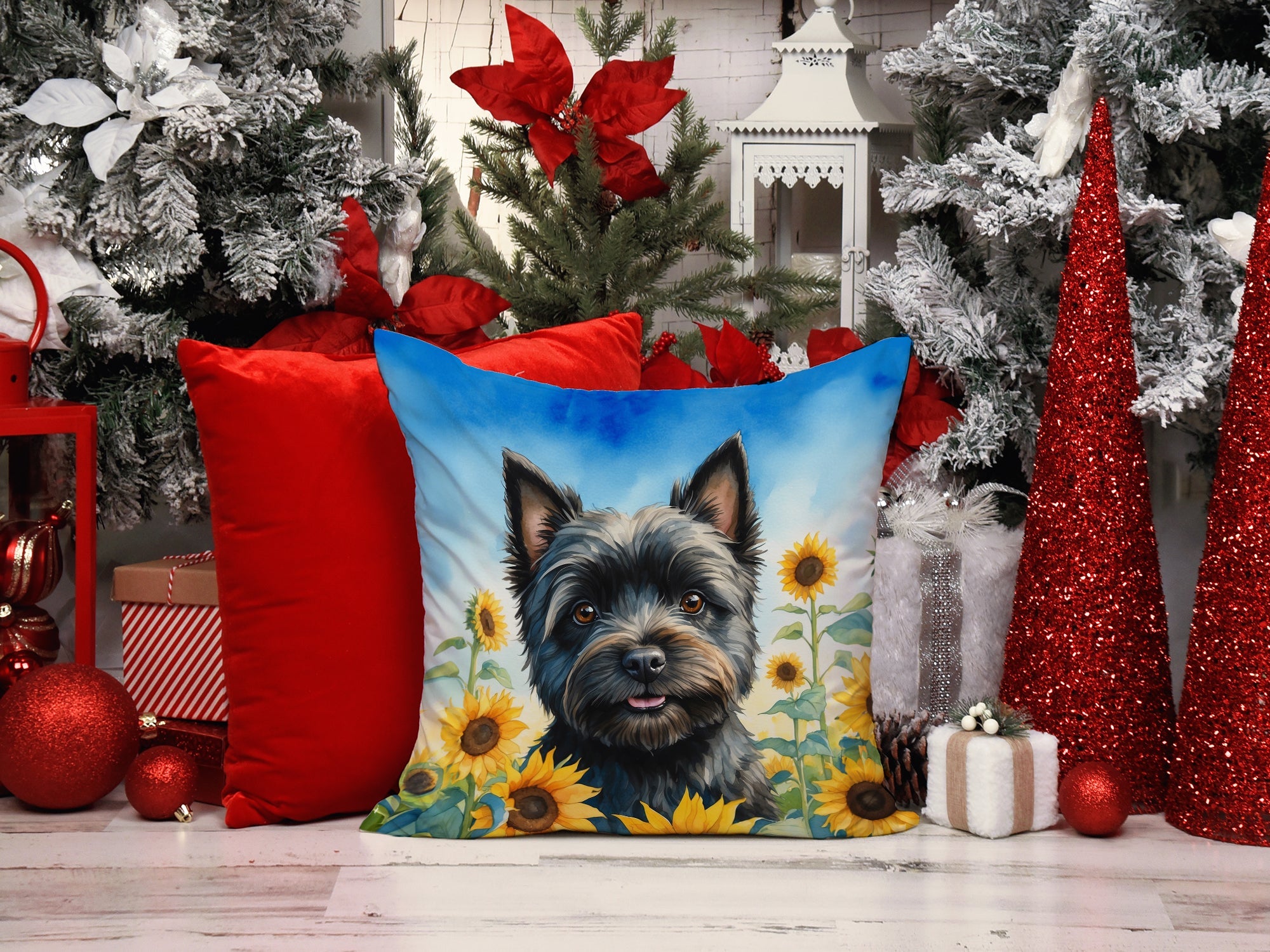 Cairn Terrier in Sunflowers Decorative Throw Pillow 14x14 Indoor Outdoor Accent Cushion, Fabric Cover with Insert for Sofa, Bed, Porch & Living Room