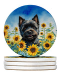 Cairn Terrier in Sunflowers Large Sandstone Coasters Pack of 4 Absorbent Round Coasters Decor Gifts for Men or Women, 4 in, Multicolor