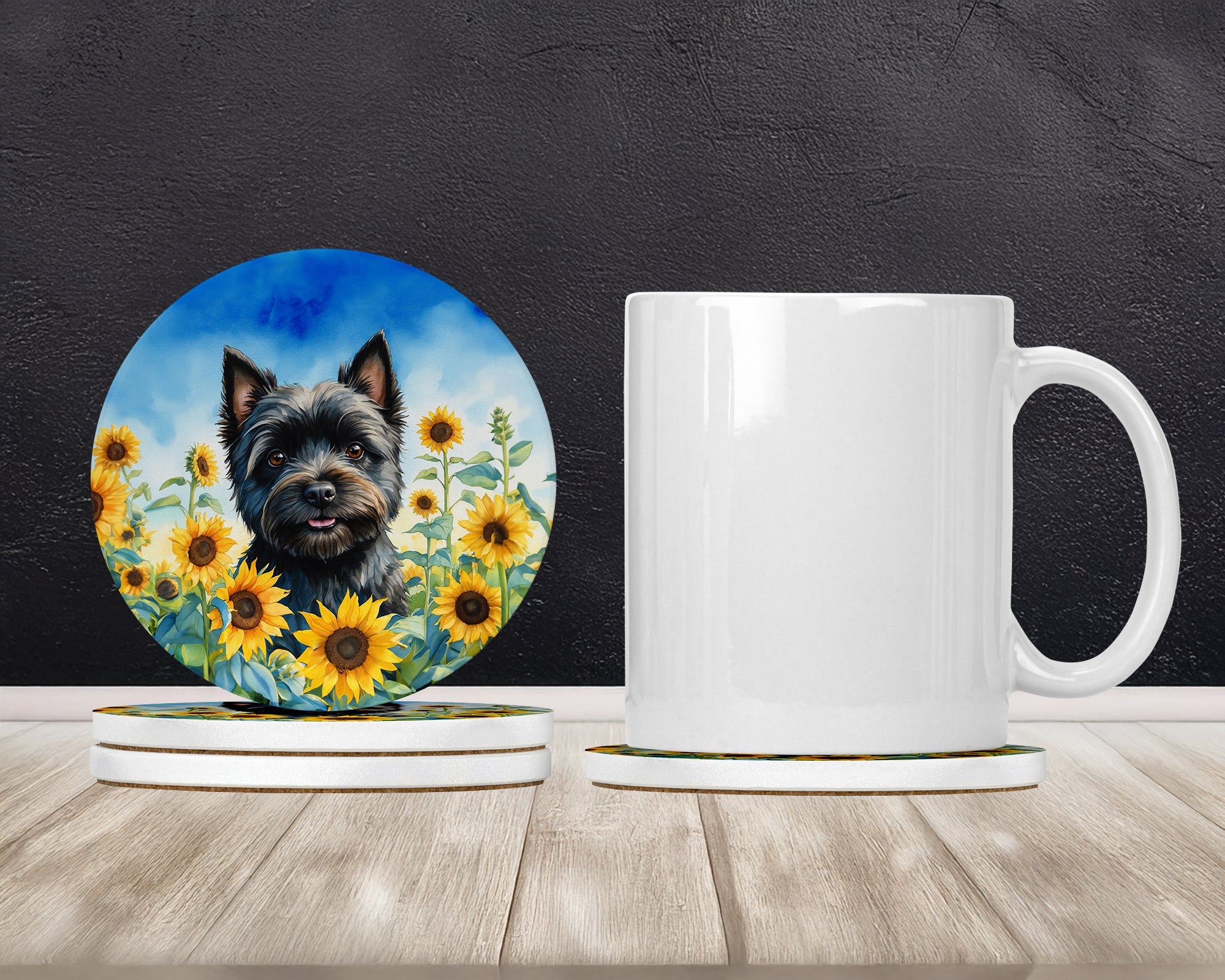 Cairn Terrier in Sunflowers Large Sandstone Coasters Pack of 4 Absorbent Round Coasters Decor Gifts for Men or Women, 4 in, Multicolor