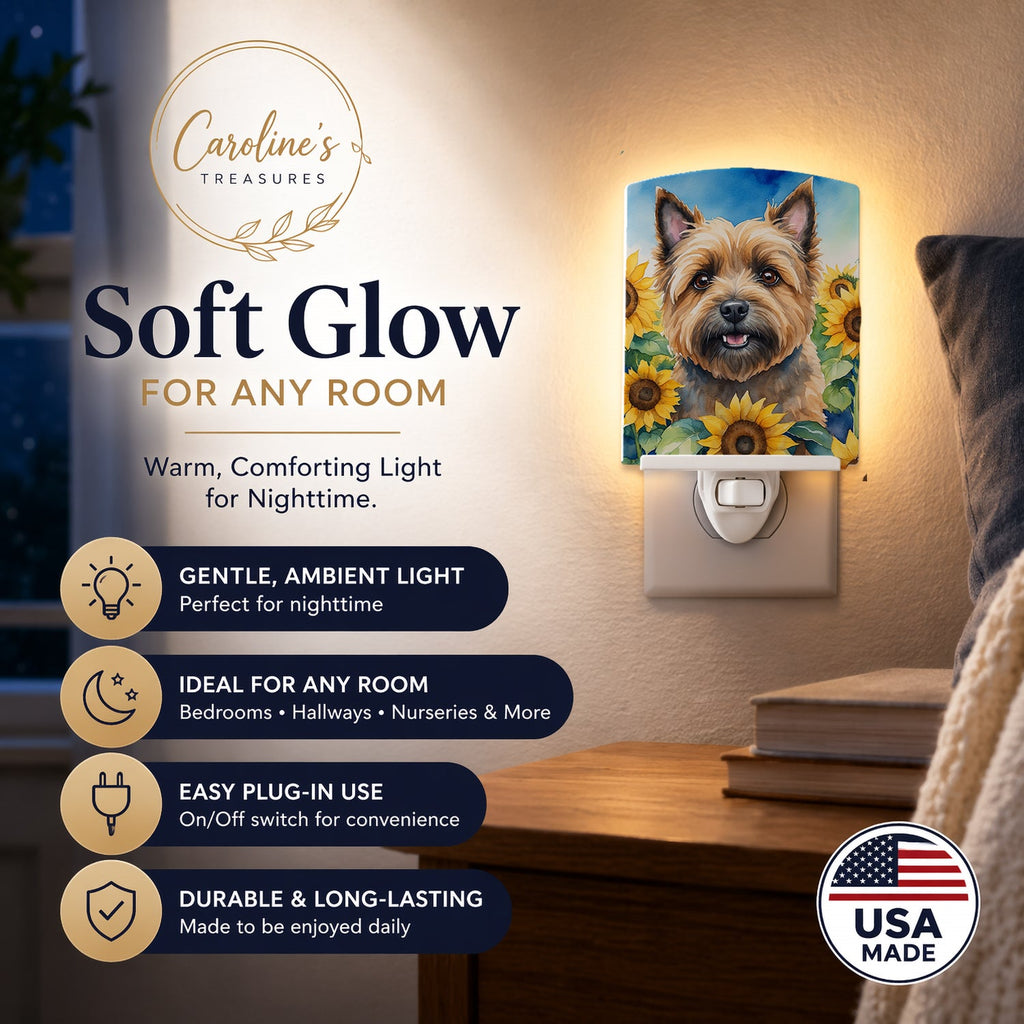Cairn Terrier in Sunflowers Ceramic Night Light Compact, UL-Certified, Ideal for Bedroom, Bathroom, Nursery, Hallway, Kitchen, 6x4x3, Multicolor