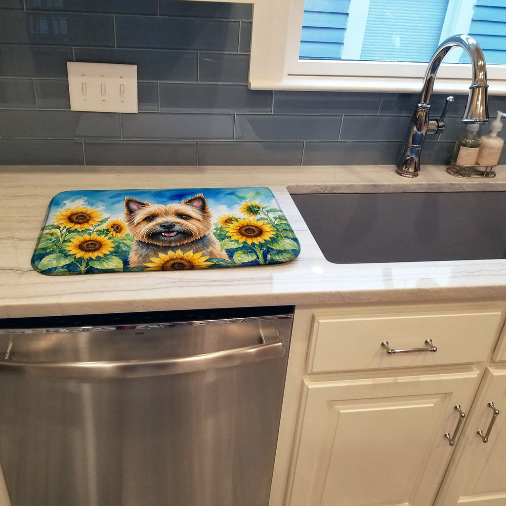 Cairn Terrier in Sunflowers Dish Drying Mat Absorbent Dish Drying Mat Pad for Kitchen Counter Dish Drainer Mat for Countertop, 14 x 21", Multicolor