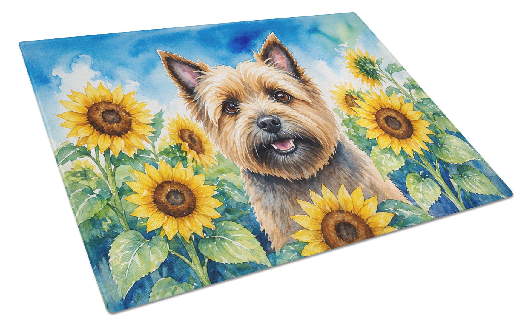 Cairn Terrier in Sunflowers Cutting Board Tempered Glass Kitchen Cutting Surface, Heat Resistant Chopping Board with Non-Slip Feet, Decorative Food Prep & Serving