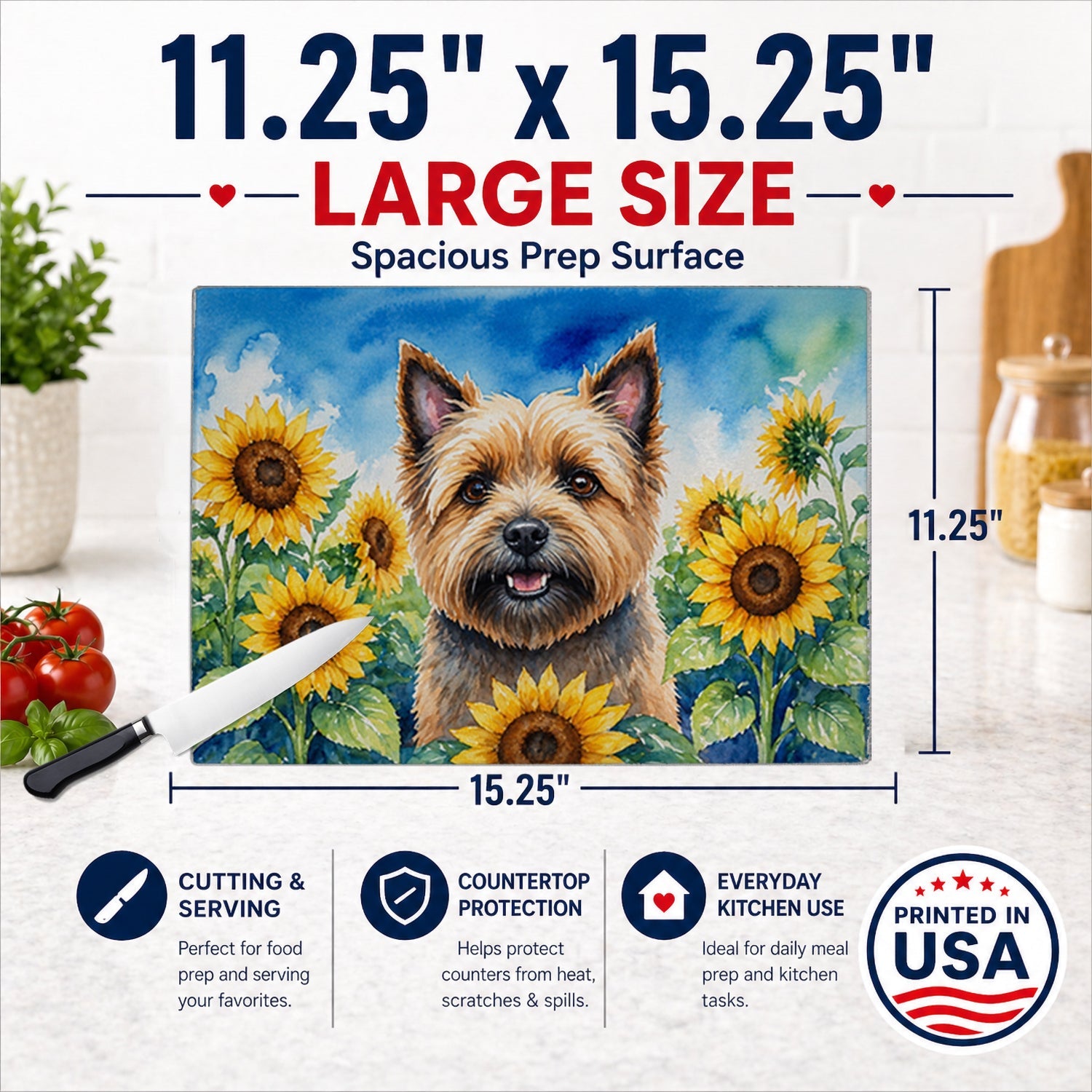 Cairn Terrier in Sunflowers Cutting Board Tempered Glass Kitchen Cutting Surface, Heat Resistant Chopping Board with Non-Slip Feet, Decorative Food Prep & Serving