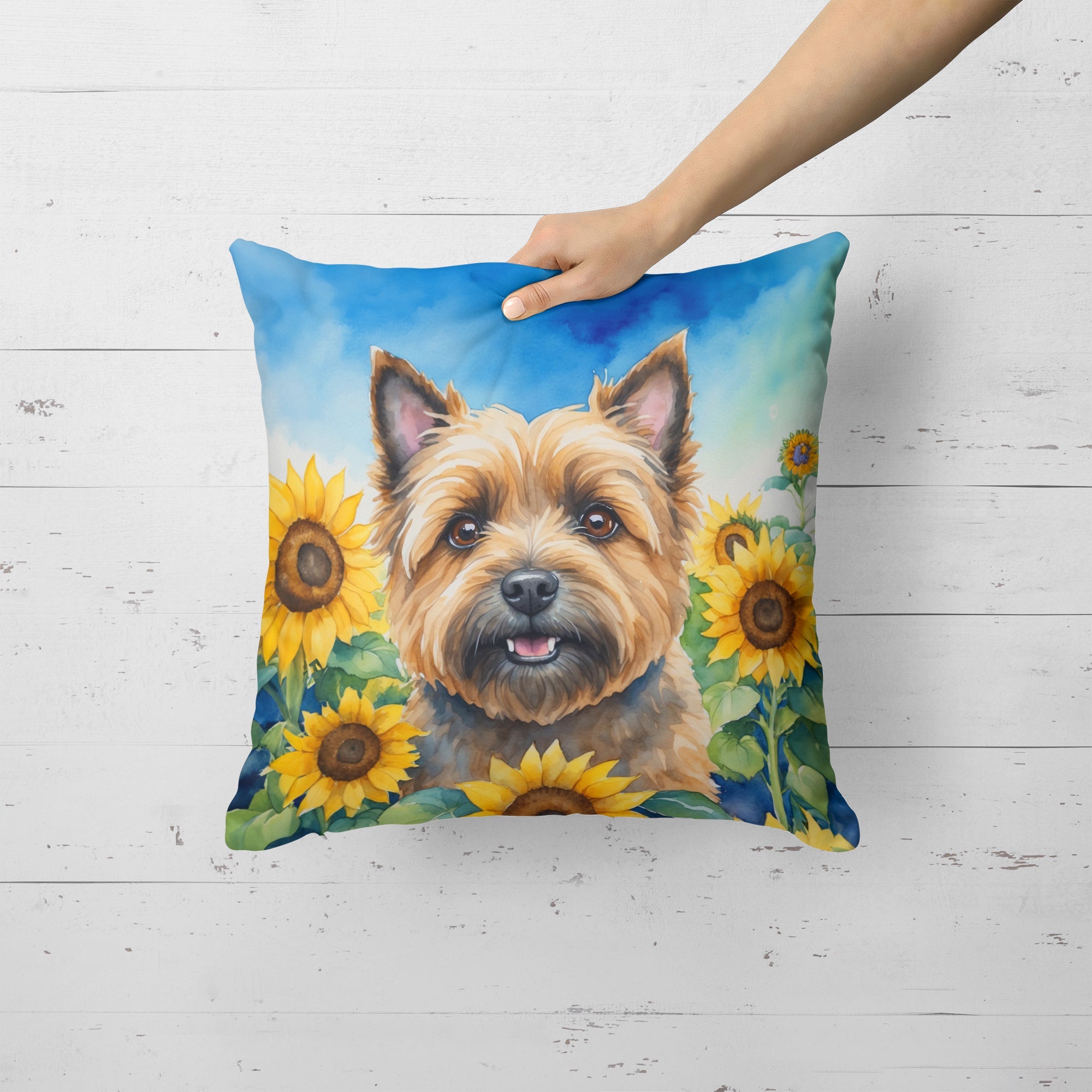 Cairn Terrier in Sunflowers Decorative Throw Pillow 18x18 Indoor Outdoor Accent Cushion, Fabric Cover with Insert for Sofa, Bed, Porch & Living Room