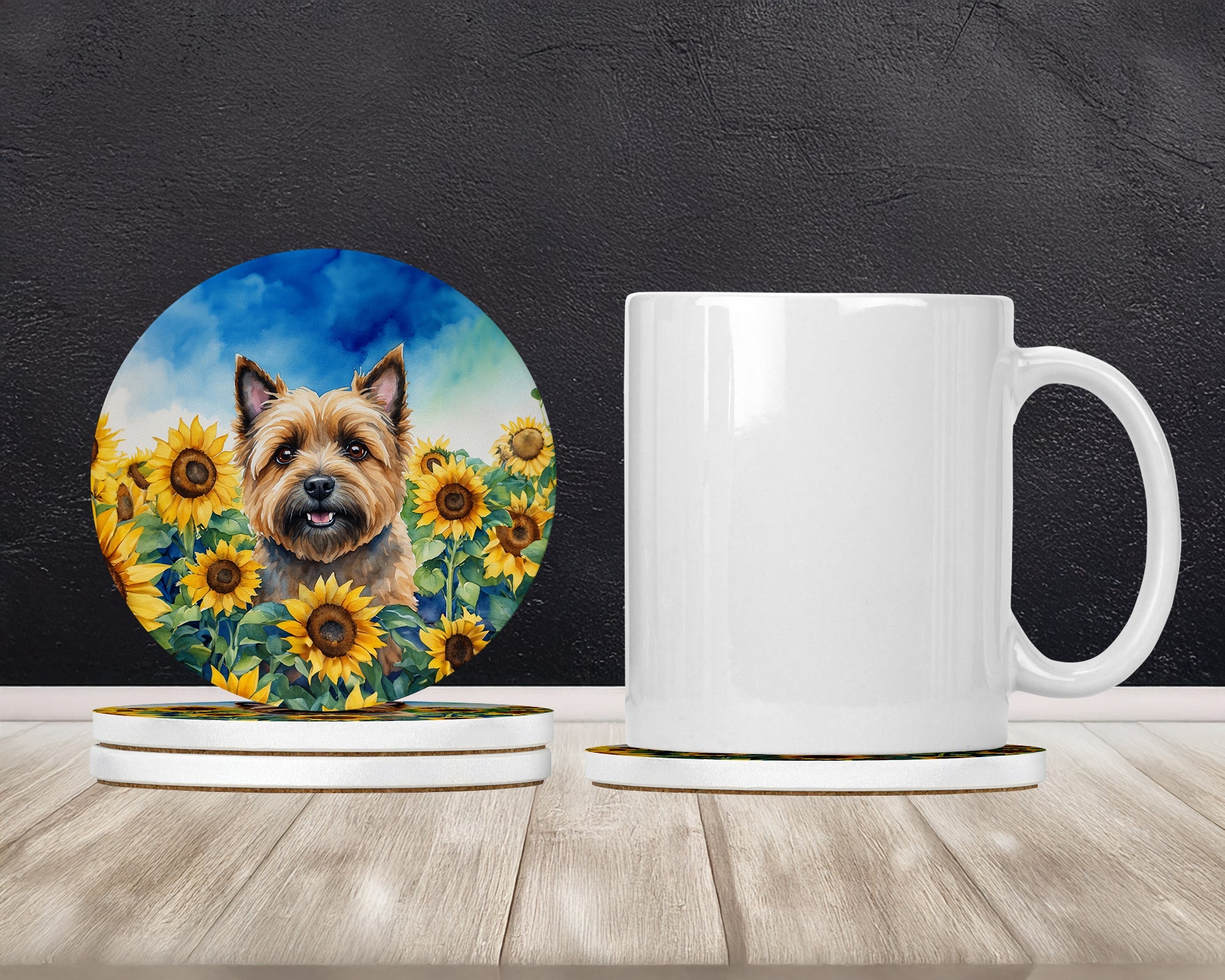 Cairn Terrier in Sunflowers Large Sandstone Coasters Pack of 4 Absorbent Round Coasters Decor Gifts for Men or Women, 4 in, Multicolor