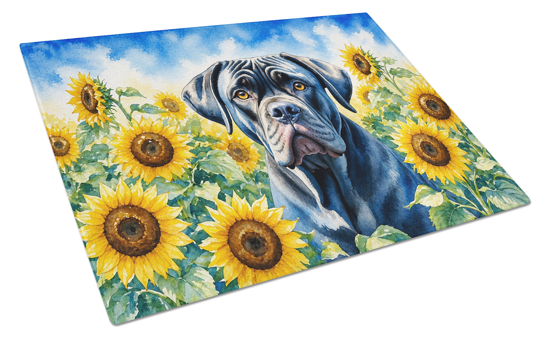 Cane Corso in Sunflowers Cutting Board Tempered Glass Kitchen Cutting Surface, Heat Resistant Chopping Board with Non-Slip Feet, Decorative Food Prep & Serving