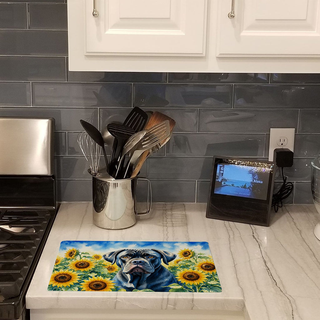 Cane Corso in Sunflowers Cutting Board Tempered Glass Kitchen Cutting Surface, Heat Resistant Chopping Board with Non-Slip Feet, Decorative Food Prep & Serving