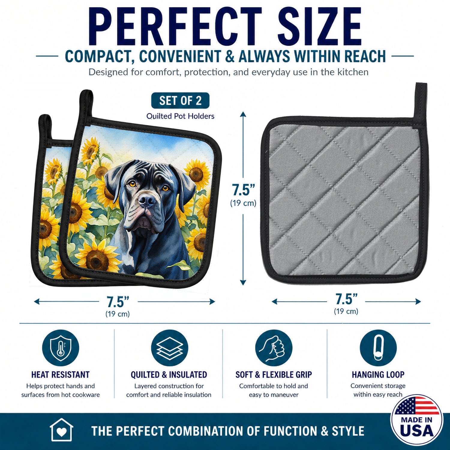 Cane Corso in Sunflowers Pot Holder Set of 2 Heat Resistant Quilted Hot Pads 7.5 x 7.5 Inch, Insulated Kitchen Trivets for Cooking & Baking