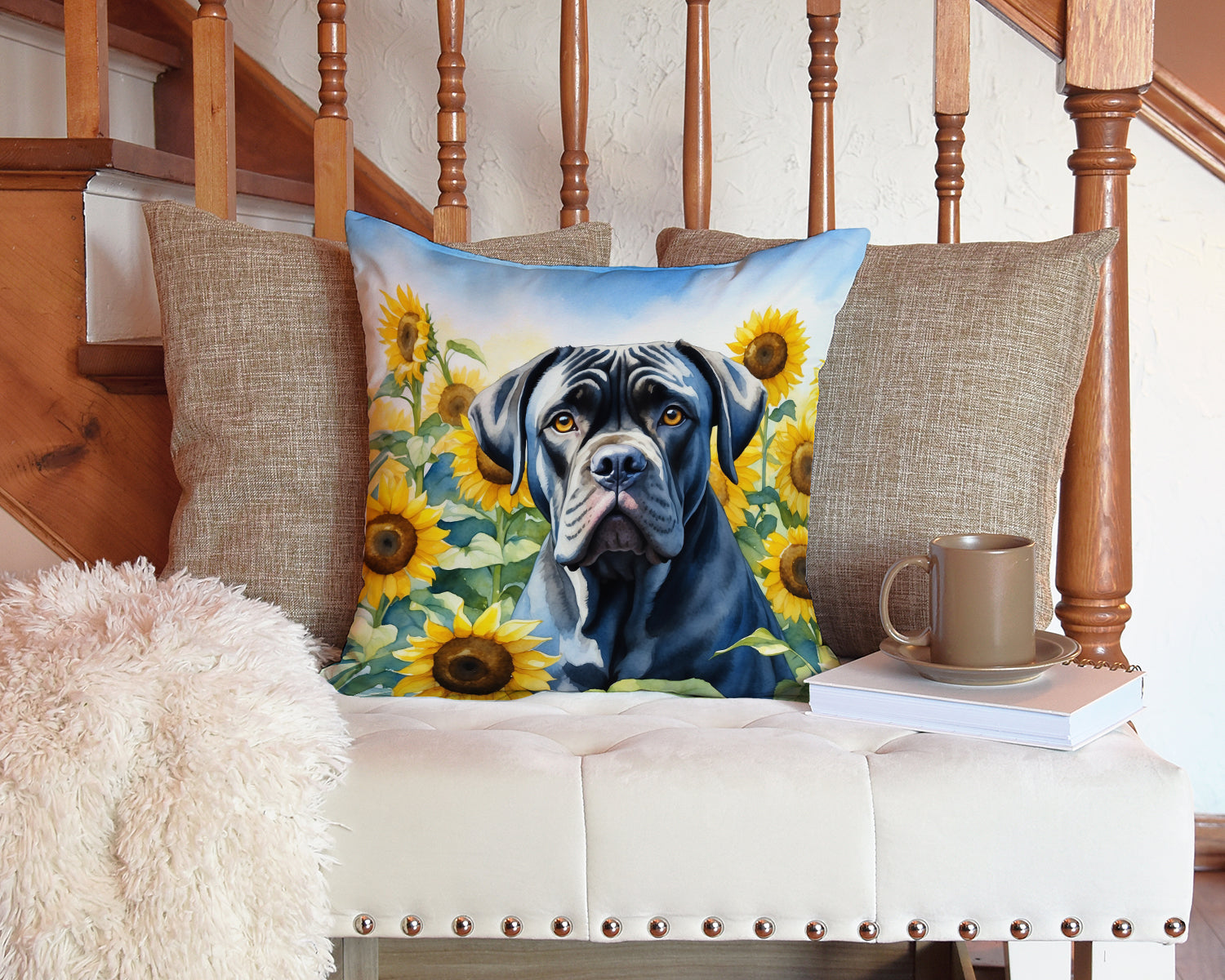 Cane Corso in Sunflowers Decorative Throw Pillow 14x14 Indoor Outdoor Accent Cushion, Fabric Cover with Insert for Sofa, Bed, Porch & Living Room
