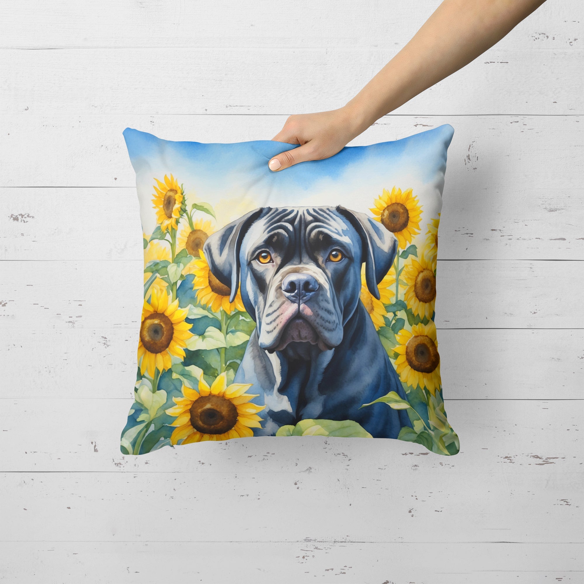 Cane Corso in Sunflowers Decorative Throw Pillow 18x18 Indoor Outdoor Accent Cushion, Fabric Cover with Insert for Sofa, Bed, Porch & Living Room