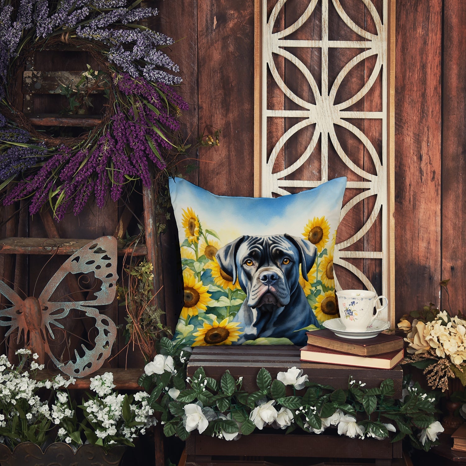 Cane Corso in Sunflowers Decorative Throw Pillow 18x18 Indoor Outdoor Accent Cushion, Fabric Cover with Insert for Sofa, Bed, Porch & Living Room