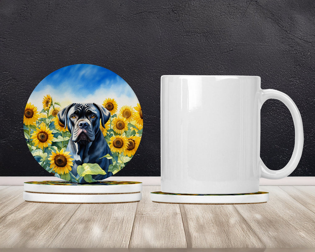 Cane Corso in Sunflowers Large Sandstone Coasters Pack of 4 Absorbent Round Coasters Decor Gifts for Men or Women, 4 in, Multicolor