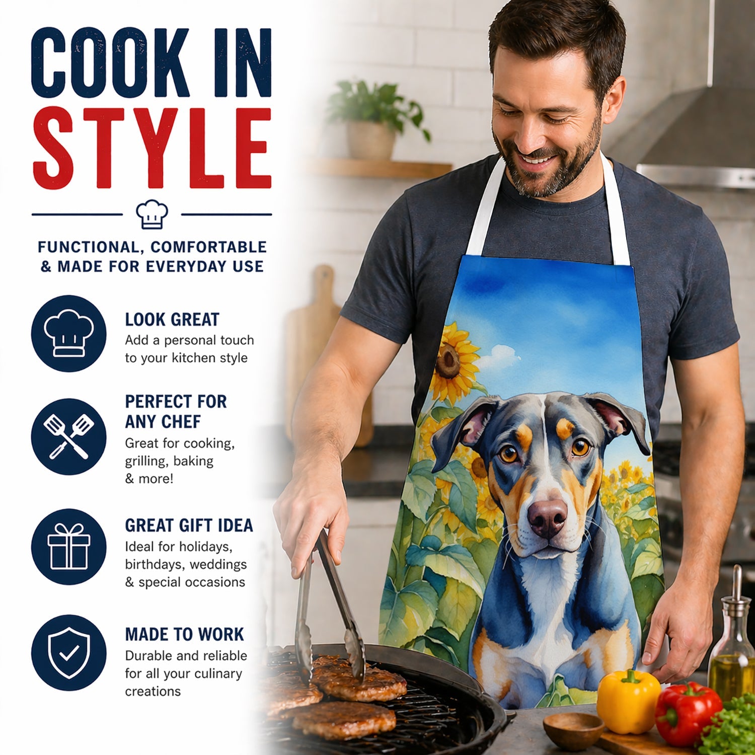 Catahoula in Sunflowers Apron Cooking Kitchen Server Baking Crafts Gardening for Adult Women Men, Unisex, Large, Multicolor