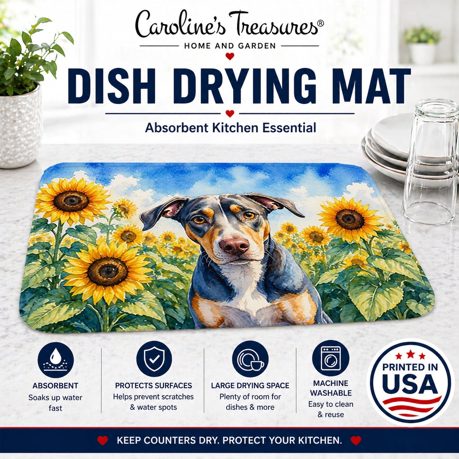 Catahoula in Sunflowers Dish Drying Mat Absorbent Dish Drying Mat Pad for Kitchen Counter Dish Drainer Mat for Countertop, 14 x 21", Multicolor