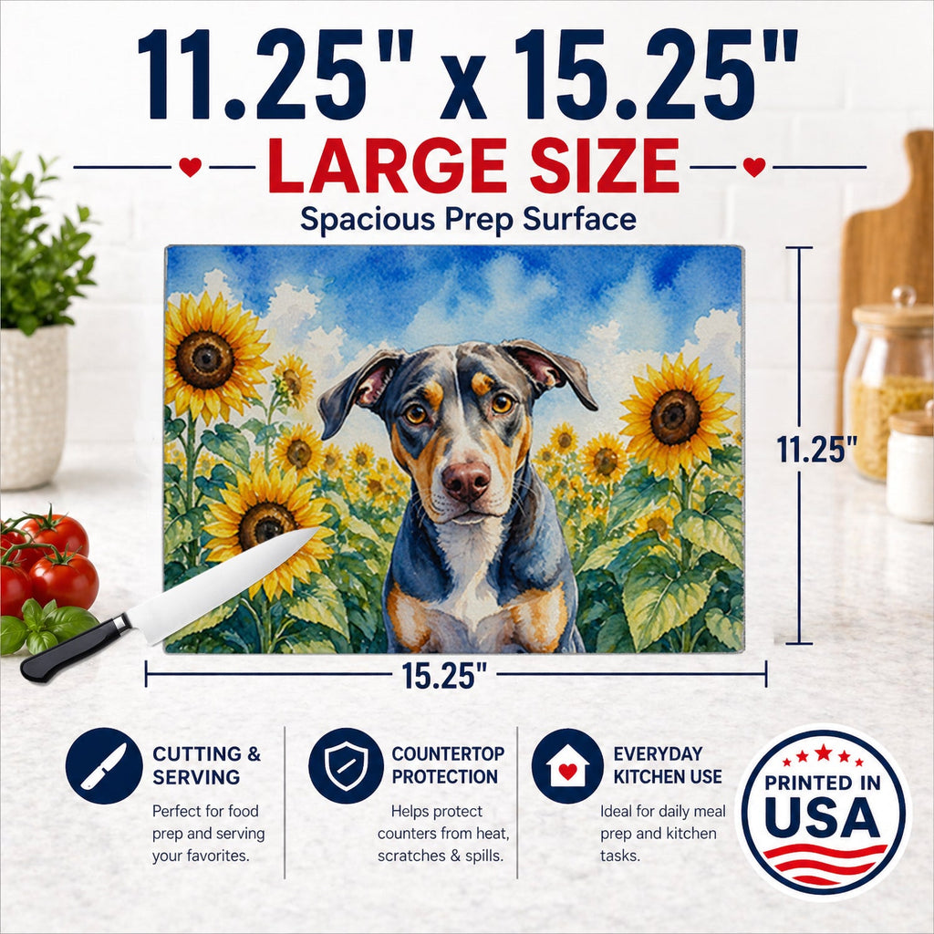 Catahoula in Sunflowers Cutting Board Tempered Glass Kitchen Cutting Surface, Heat Resistant Chopping Board with Non-Slip Feet, Decorative Food Prep & Serving