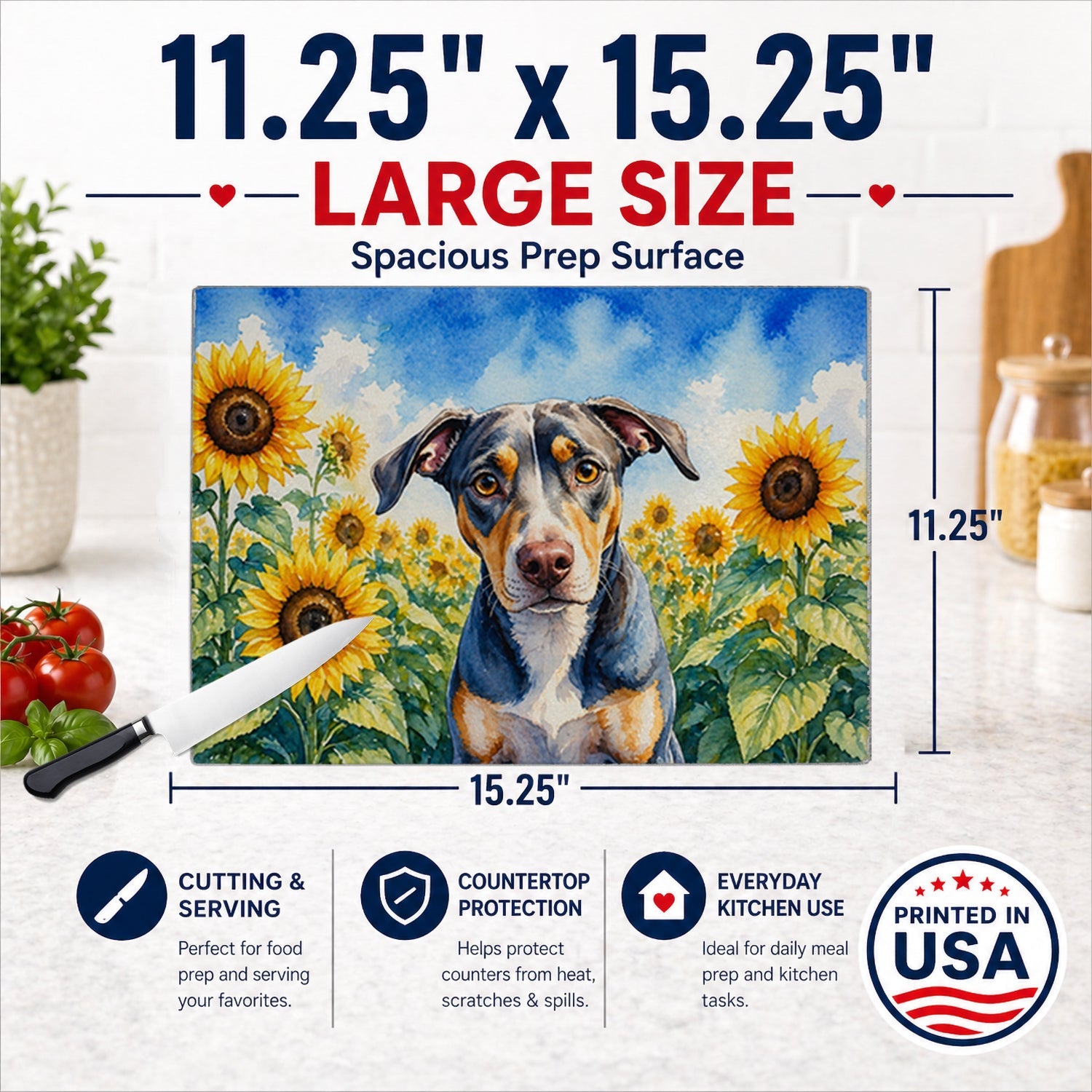 Catahoula in Sunflowers Cutting Board Tempered Glass Kitchen Cutting Surface, Heat Resistant Chopping Board with Non-Slip Feet, Decorative Food Prep & Serving