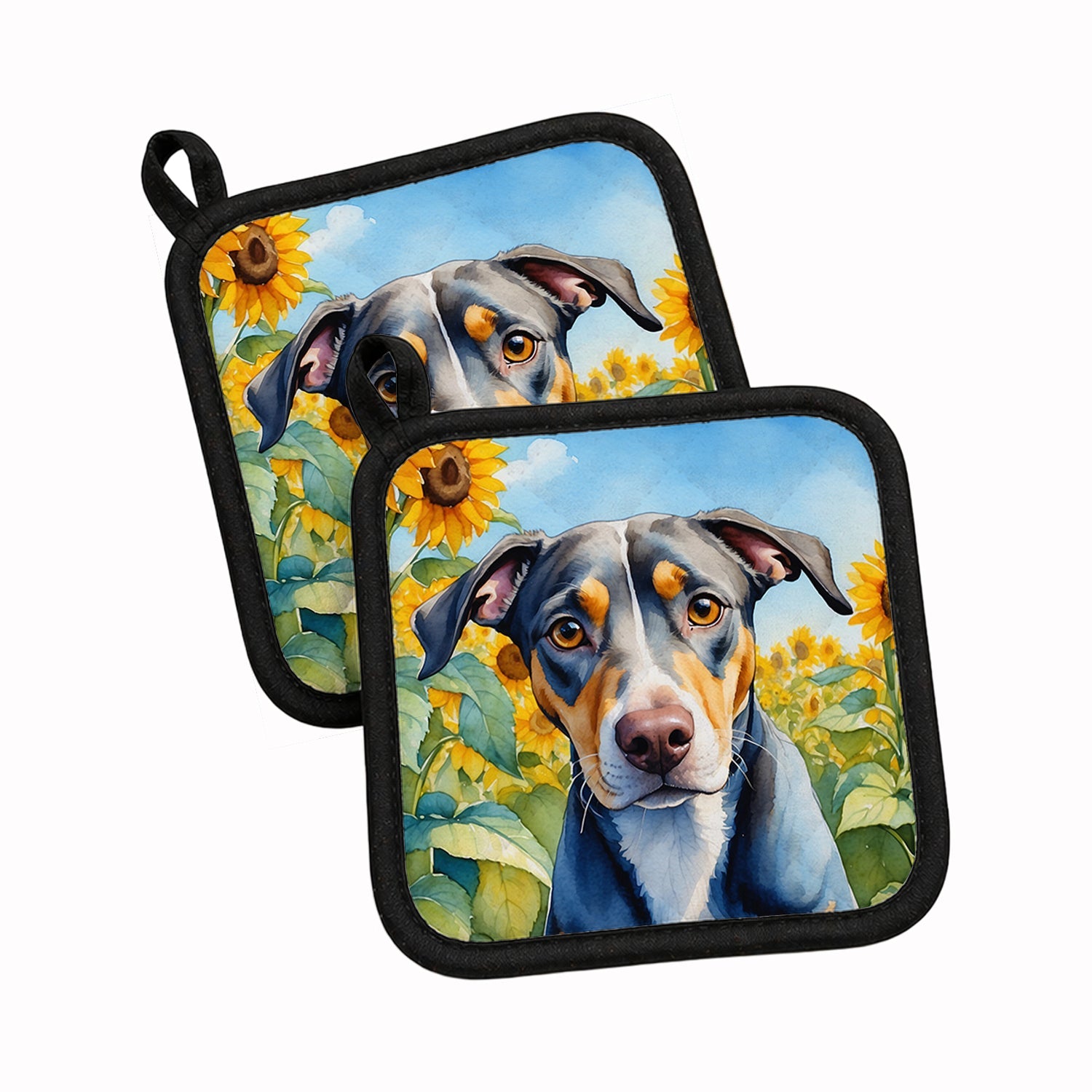 Catahoula in Sunflowers Pot Holder Set of 2 Heat Resistant Quilted Hot Pads 7.5 x 7.5 Inch, Insulated Kitchen Trivets for Cooking & Baking