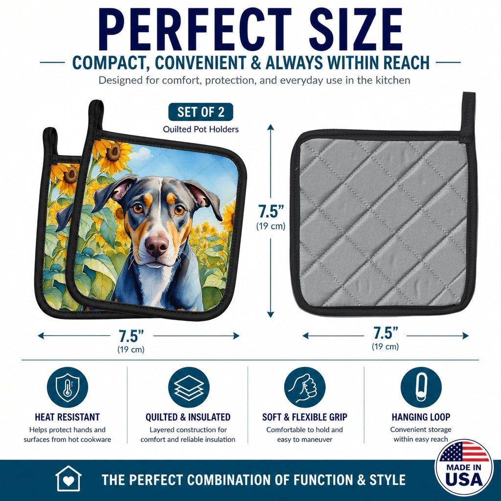 Catahoula in Sunflowers Pot Holder Set of 2 Heat Resistant Quilted Hot Pads 7.5 x 7.5 Inch, Insulated Kitchen Trivets for Cooking & Baking