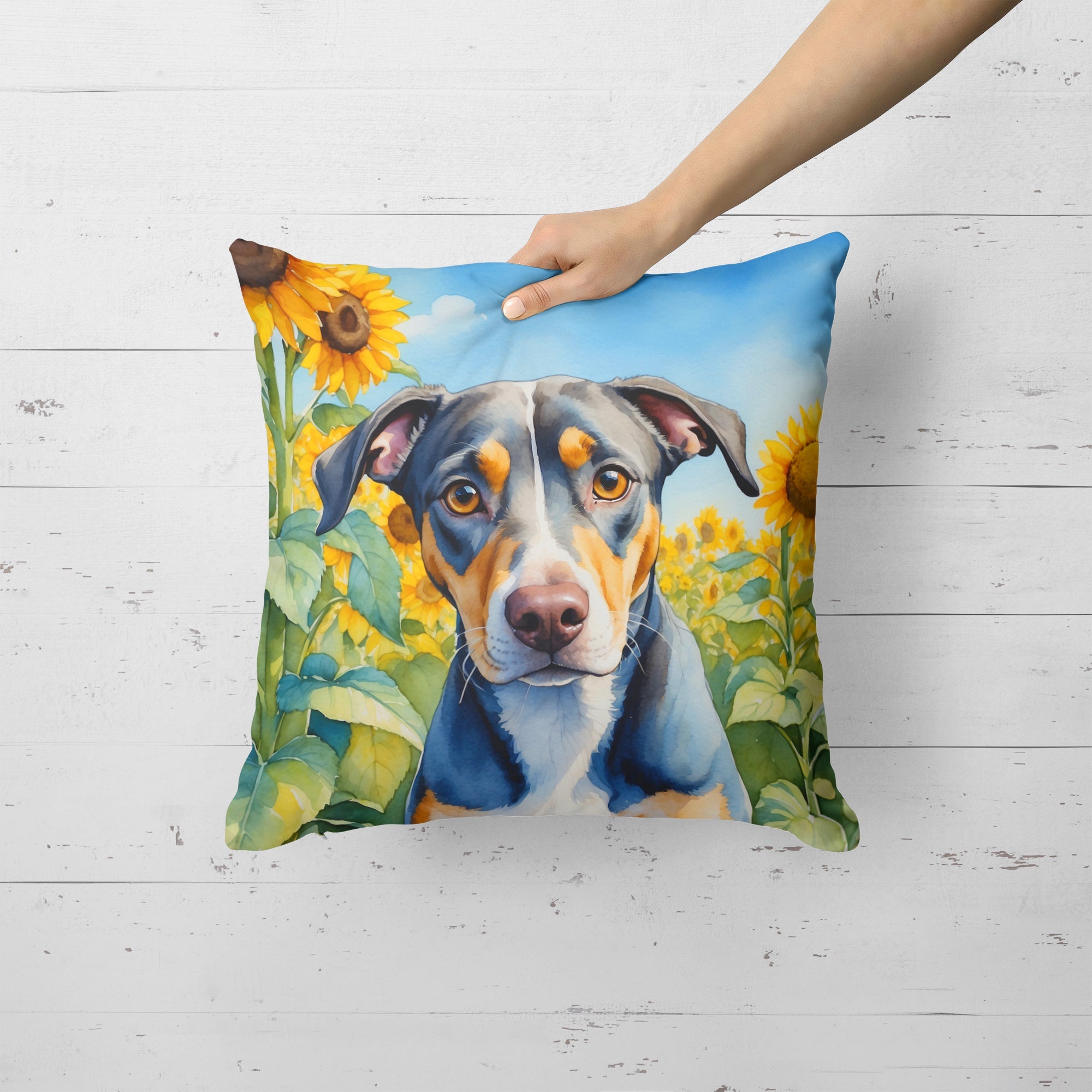 Catahoula in Sunflowers Decorative Throw Pillow 18x18 Indoor Outdoor Accent Cushion, Fabric Cover with Insert for Sofa, Bed, Porch & Living Room