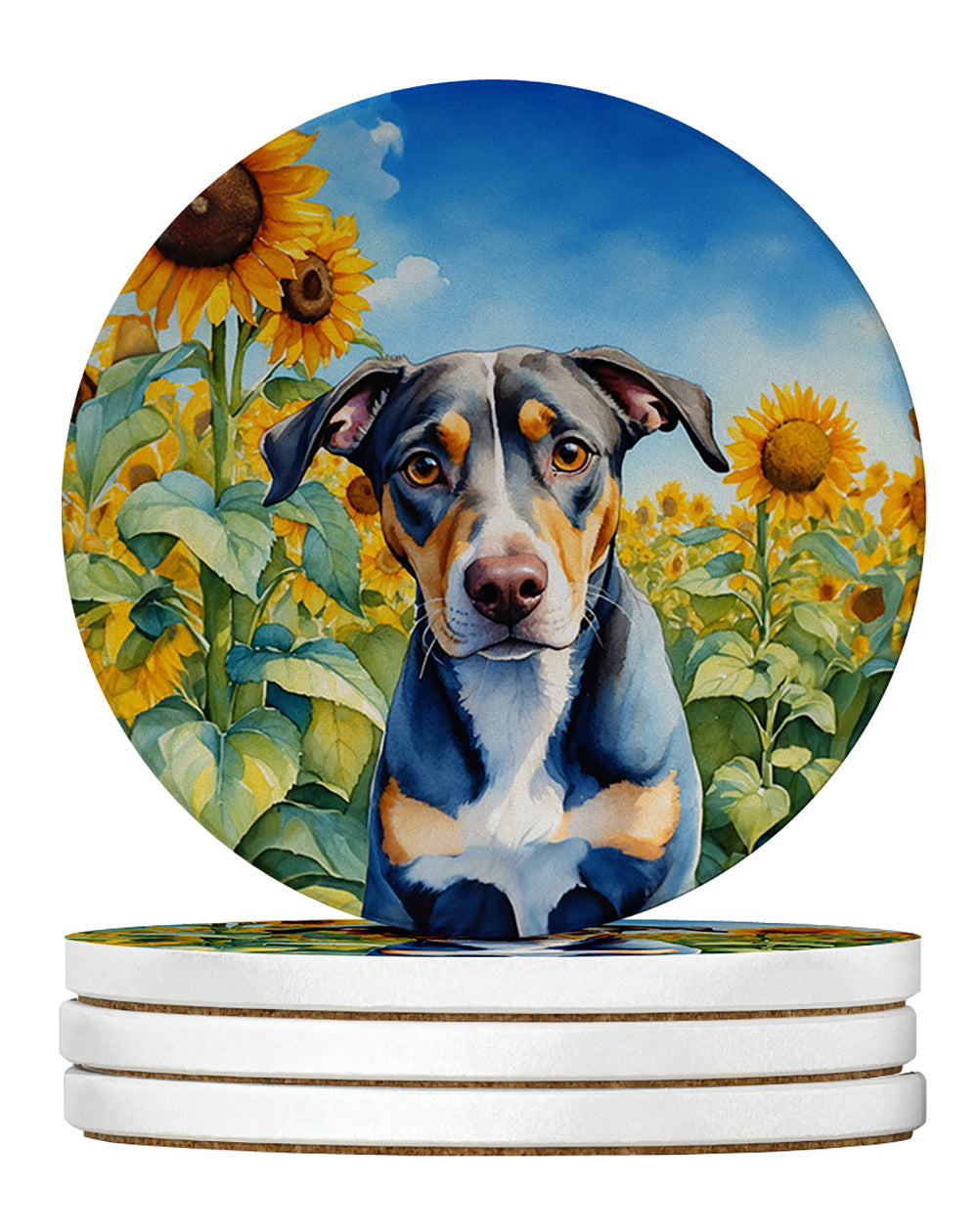 Catahoula in Sunflowers Large Sandstone Coasters Pack of 4 Absorbent Round Coasters Decor Gifts for Men or Women, 4 in, Multicolor