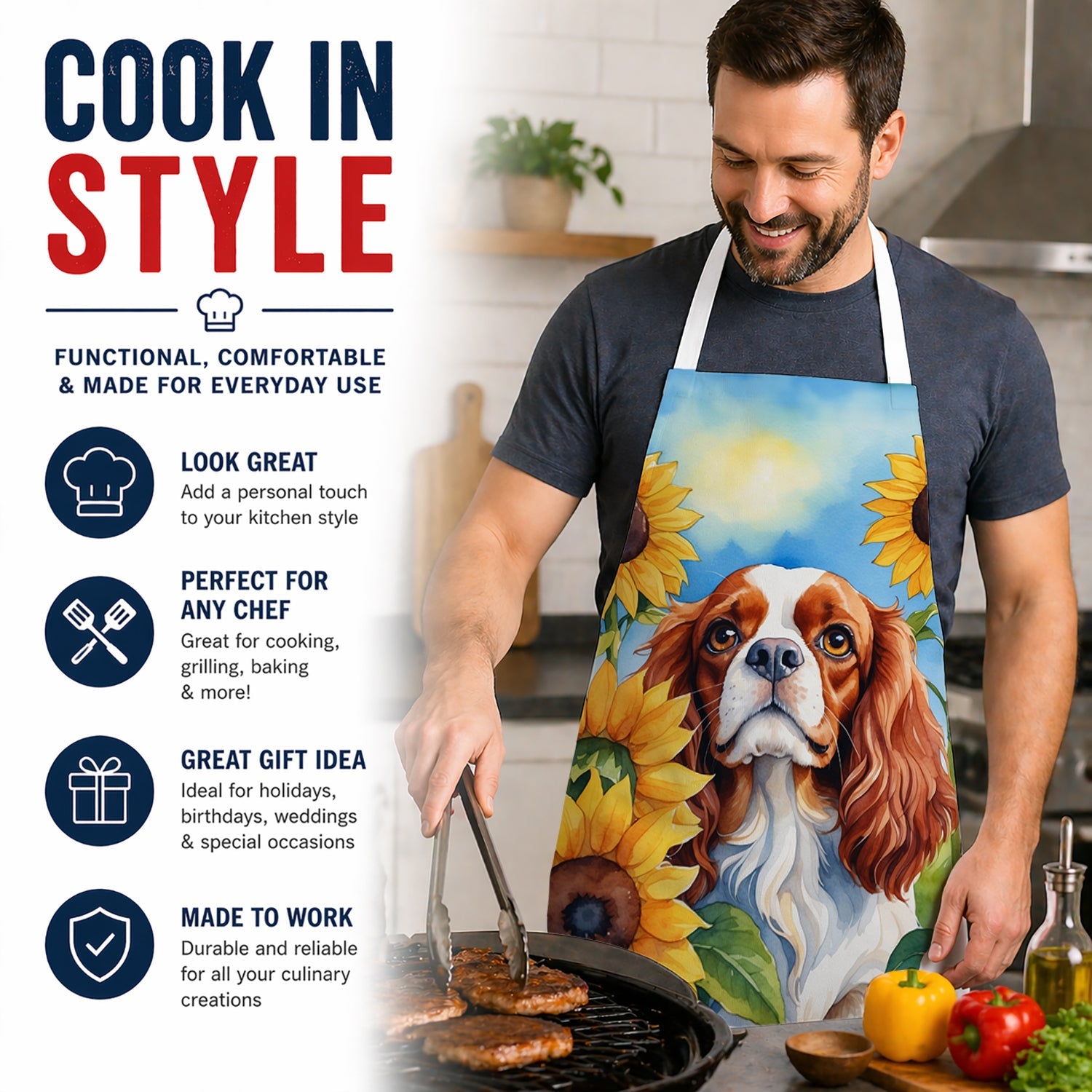 Cavalier Spaniel in Sunflowers Apron Cooking Kitchen Server Baking Crafts Gardening for Adult Women Men, Unisex, Large, Multicolor