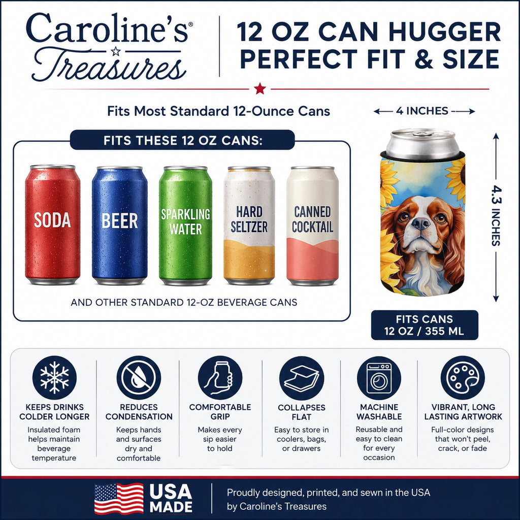 Cavalier Spaniel in Sunflowers Can or Bottle Hugger Cooler Sleeve for Standard 12 oz Cans, Insulated Foam Beer & Soda Can Hugger Reusable