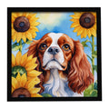 Cavalier Spaniel in Sunflowers Framed Metal Print Bathroom, Kitchen, Office, Home Decor Wall Art Ready to Hang, Square, 8X8