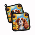 Cavalier Spaniel in Sunflowers Pot Holder Set of 2 Heat Resistant Quilted Hot Pads 7.5 x 7.5 Inch, Insulated Kitchen Trivets for Cooking & Baking