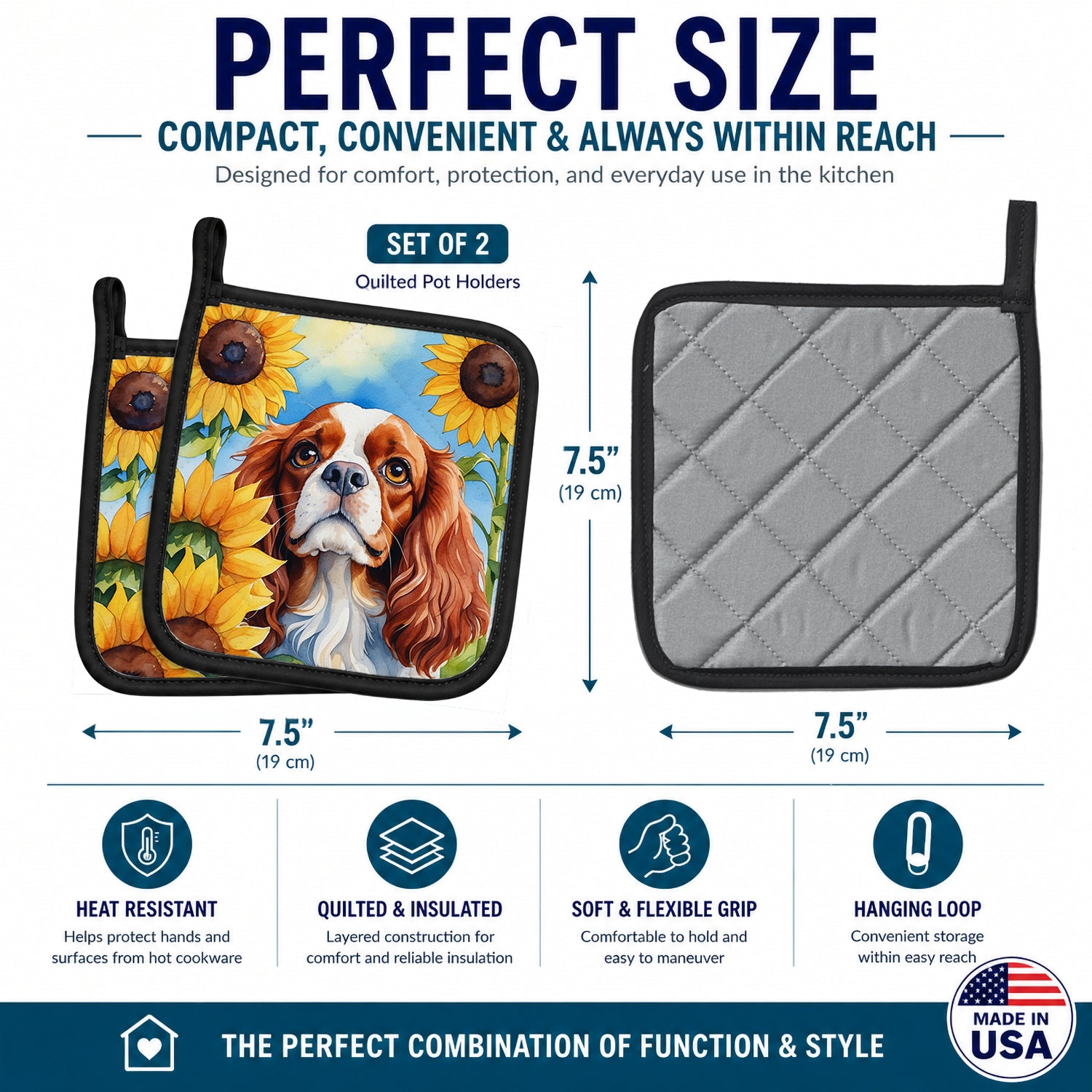 Cavalier Spaniel in Sunflowers Pot Holder Set of 2 Heat Resistant Quilted Hot Pads 7.5 x 7.5 Inch, Insulated Kitchen Trivets for Cooking & Baking