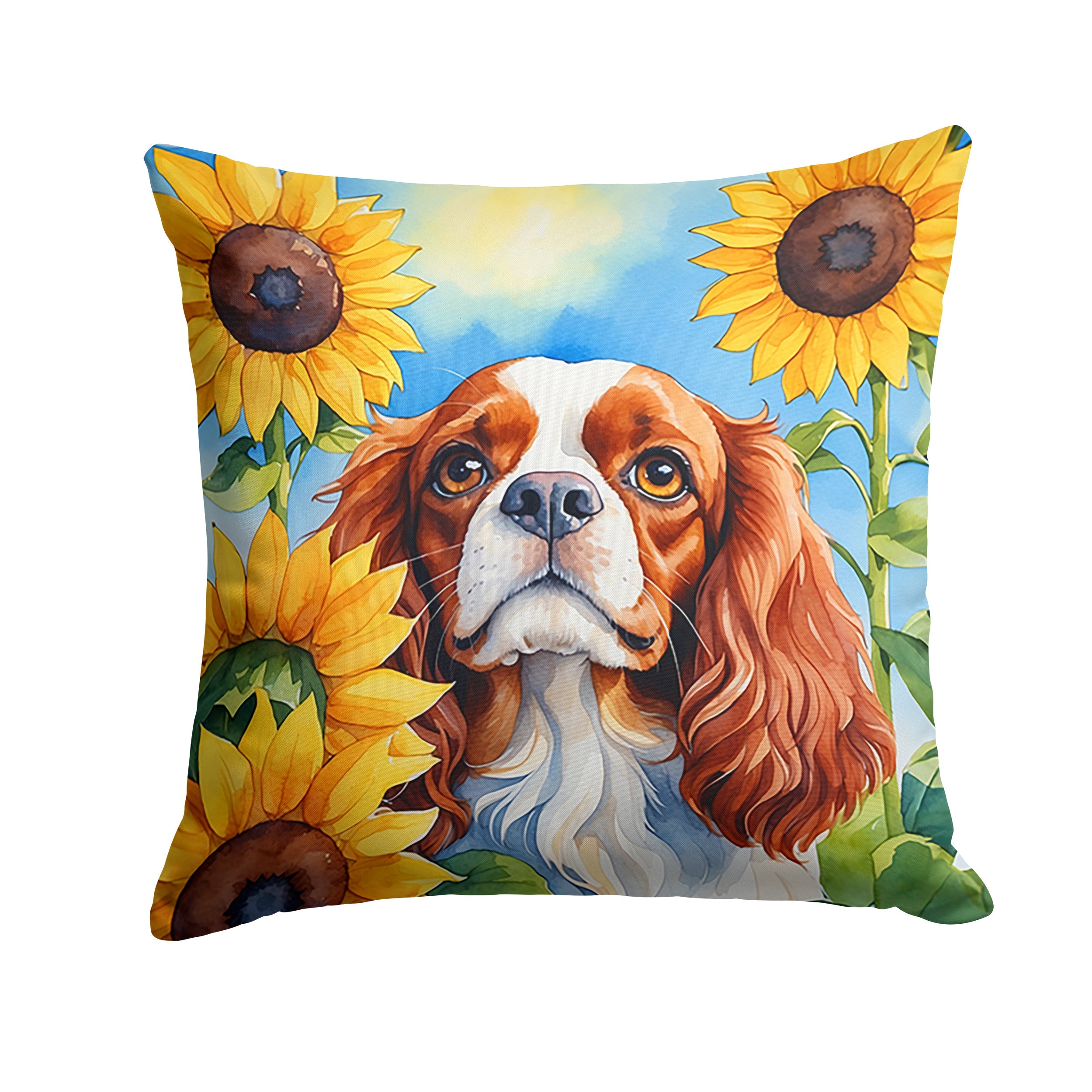 Cavalier Spaniel in Sunflowers Decorative Throw Pillow 14x14 Indoor Outdoor Accent Cushion, Fabric Cover with Insert for Sofa, Bed, Porch & Living Room