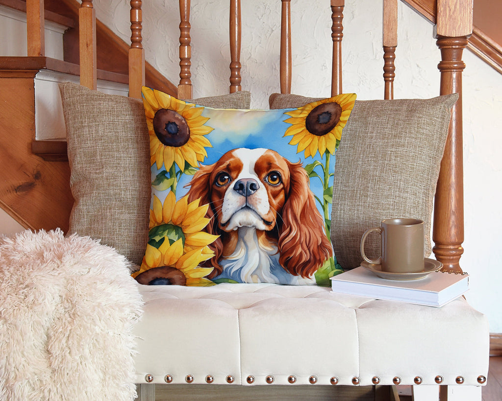 Cavalier Spaniel in Sunflowers Decorative Throw Pillow 14x14 Indoor Outdoor Accent Cushion, Fabric Cover with Insert for Sofa, Bed, Porch & Living Room