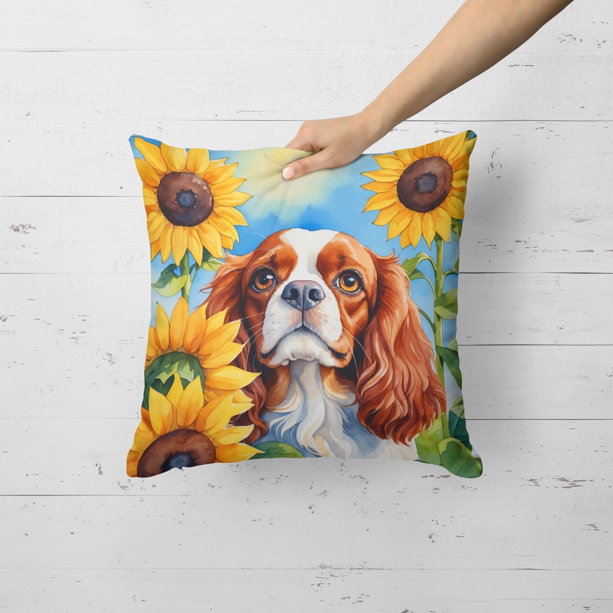 Cavalier Spaniel in Sunflowers Decorative Throw Pillow 18x18 Indoor Outdoor Accent Cushion, Fabric Cover with Insert for Sofa, Bed, Porch & Living Room
