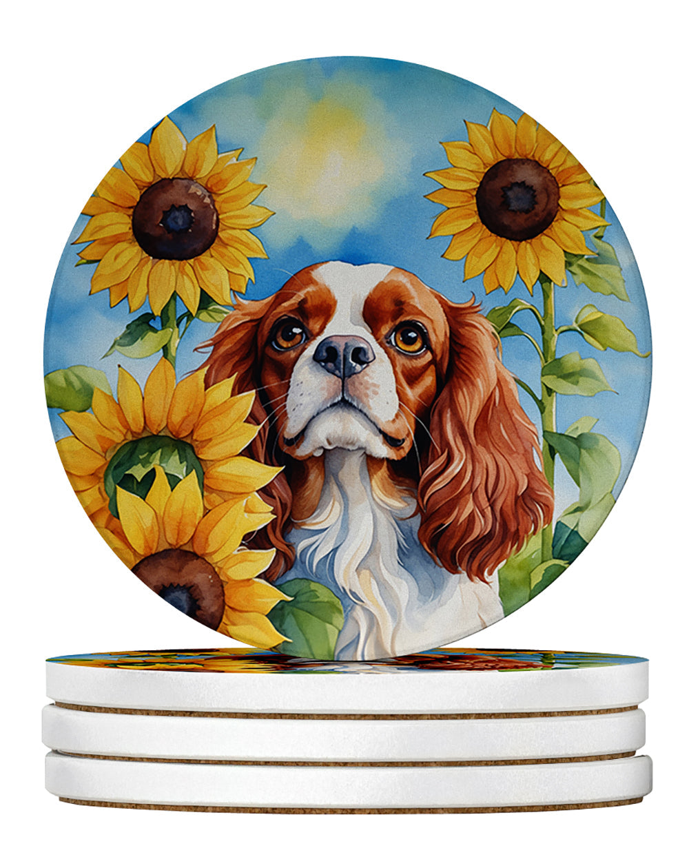 Cavalier Spaniel in Sunflowers Large Sandstone Coasters Pack of 4 Absorbent Round Coasters Decor Gifts for Men or Women, 4 in, Multicolor