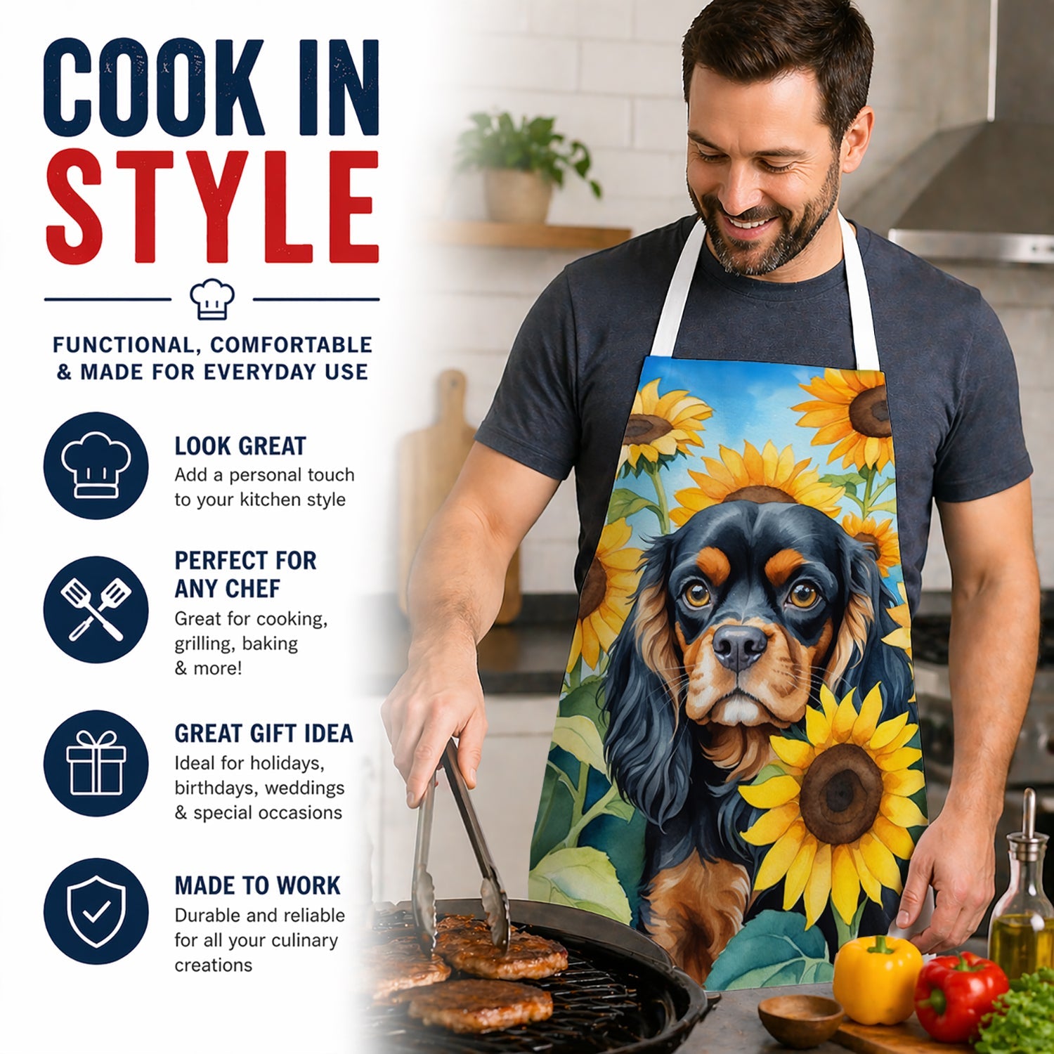Cavalier Spaniel in Sunflowers Apron Cooking Kitchen Server Baking Crafts Gardening for Adult Women Men, Unisex, Large, Multicolor