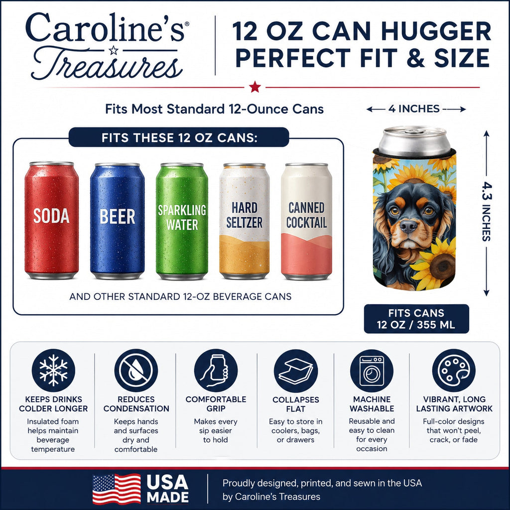 Cavalier Spaniel in Sunflowers Can or Bottle Hugger Cooler Sleeve for Standard 12 oz Cans, Insulated Foam Beer & Soda Can Hugger Reusable