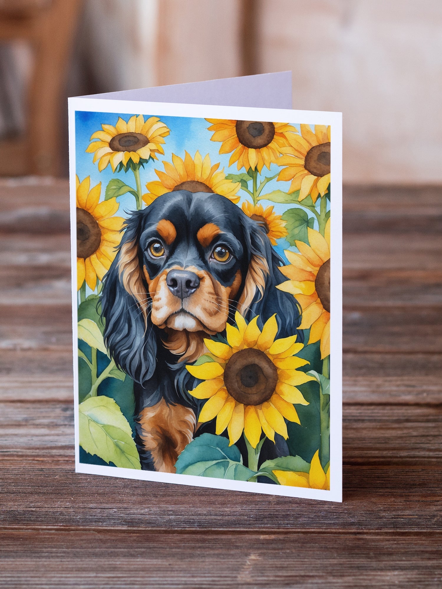 Cavalier Spaniel in Sunflowers Greeting Cards Pack of 8 Blank Cards with Envelopes Whimsical A7 Size 5x7