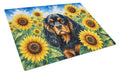 Cavalier Spaniel in Sunflowers Cutting Board Tempered Glass Kitchen Cutting Surface, Heat Resistant Chopping Board with Non-Slip Feet, Decorative Food Prep & Serving