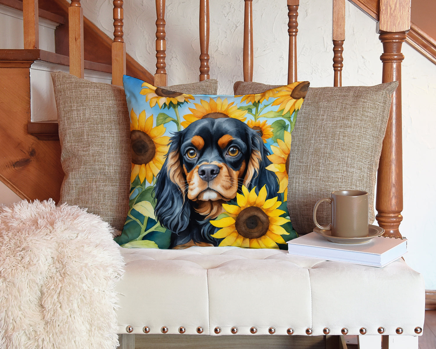 Cavalier Spaniel in Sunflowers Decorative Throw Pillow 14x14 Indoor Outdoor Accent Cushion, Fabric Cover with Insert for Sofa, Bed, Porch & Living Room