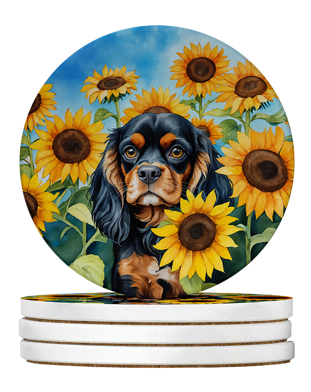 Cavalier Spaniel in Sunflowers Large Sandstone Coasters Pack of 4 Absorbent Round Coasters Decor Gifts for Men or Women, 4 in, Multicolor