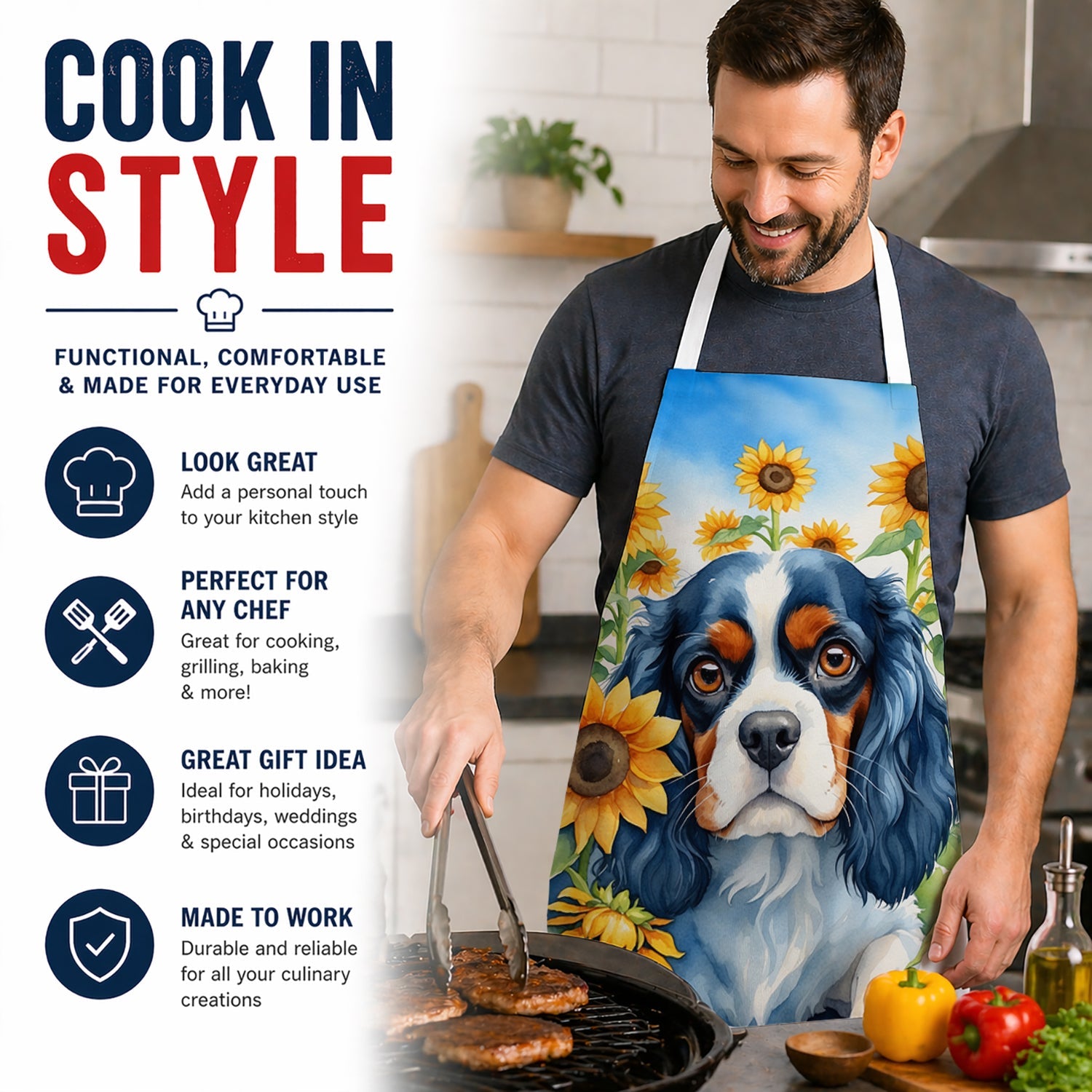 Cavalier Spaniel in Sunflowers Apron Cooking Kitchen Server Baking Crafts Gardening for Adult Women Men, Unisex, Large, Multicolor