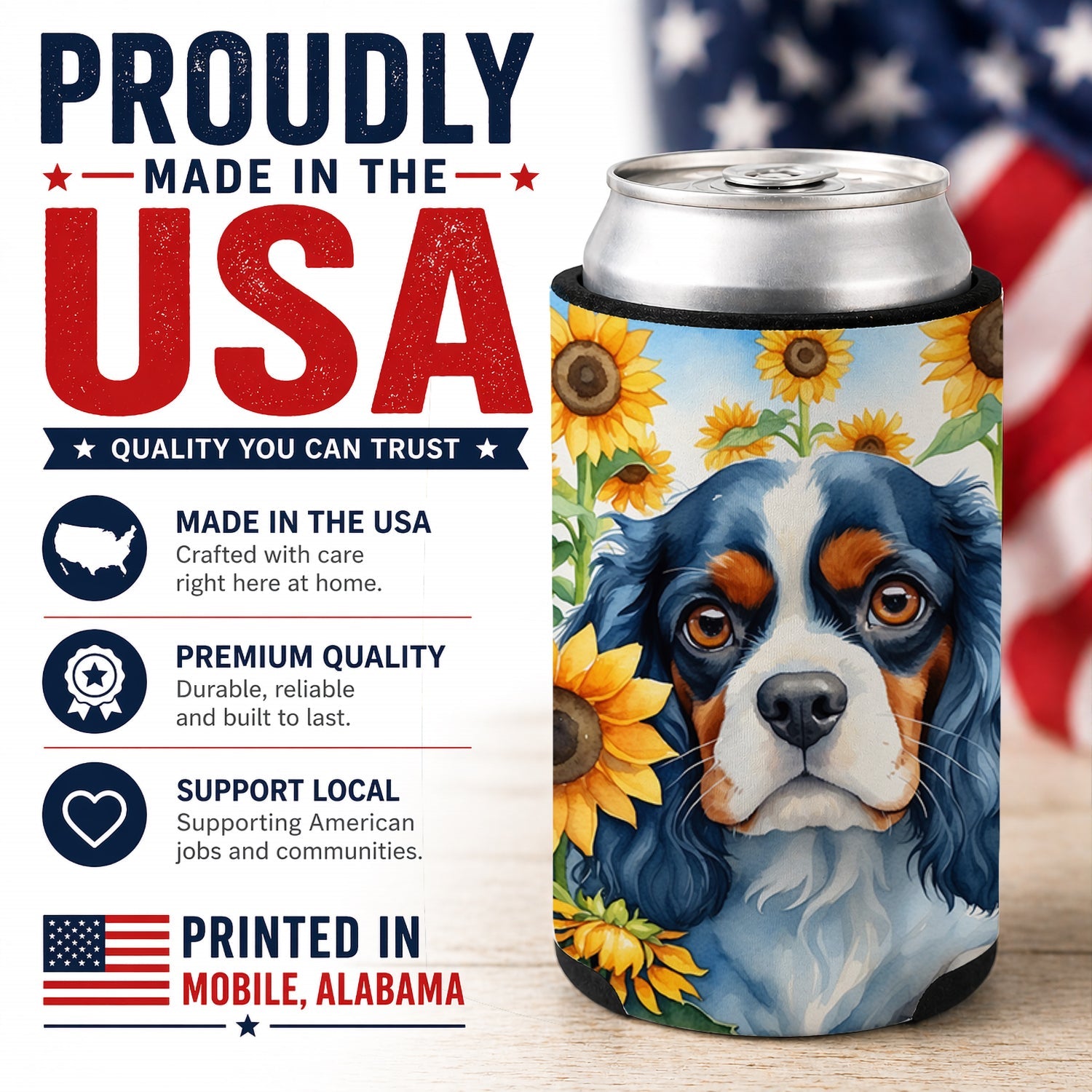 Cavalier Spaniel in Sunflowers Can or Bottle Hugger Cooler Sleeve for Standard 12 oz Cans, Insulated Foam Beer & Soda Can Hugger Reusable